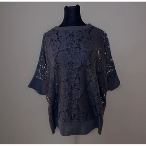 M Made In Italy Black Lace Top Oversized Sz S Short Dolman Sleeve Party Office